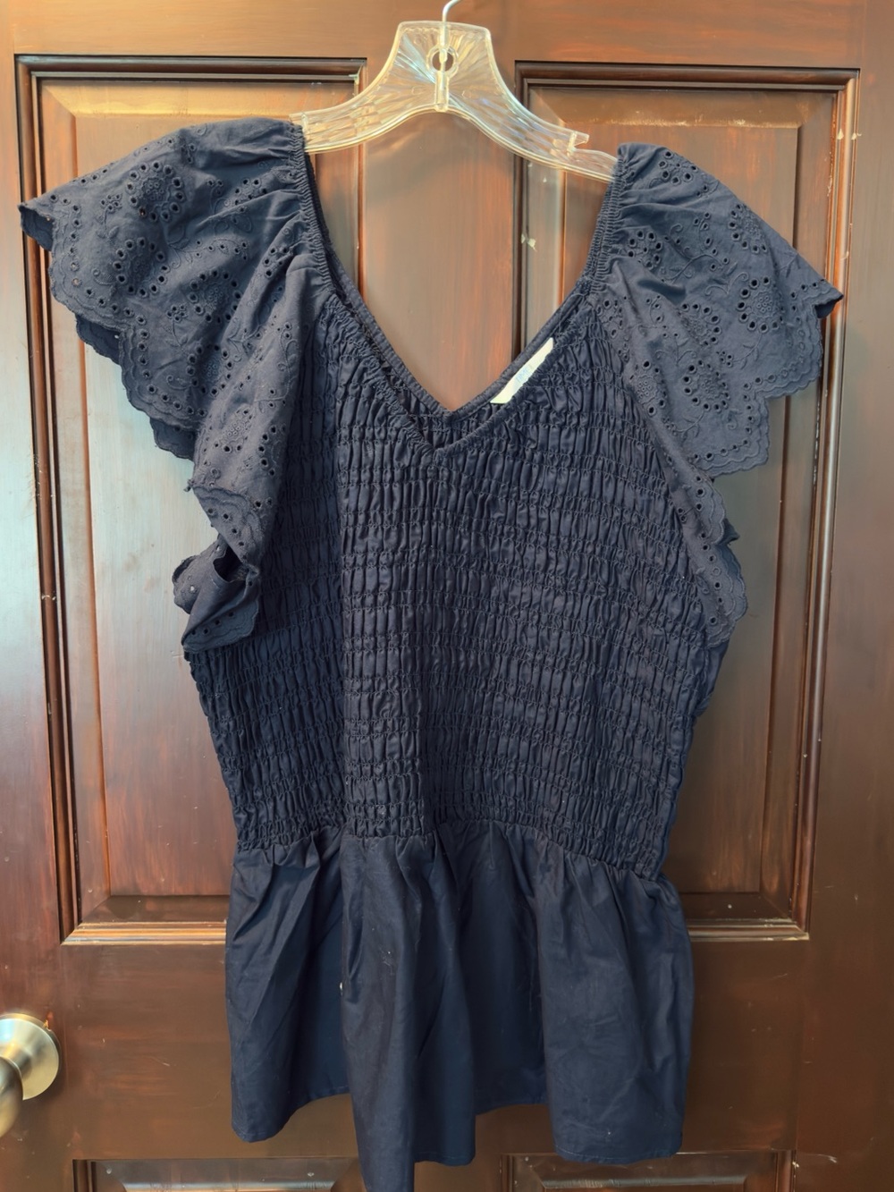 Navy Eyelet Flutter Sleeve Smocked Top